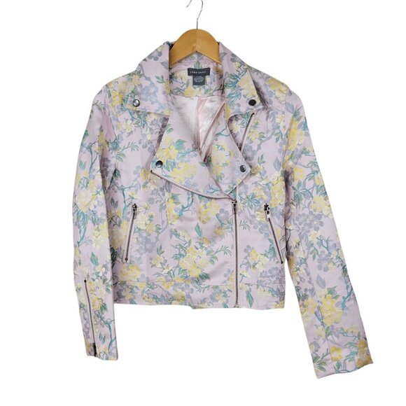 Sans Souci Moto Jacket Coat Small Zip Up Motorcycle Floral Pink Yellow Women's - Picture 1 of 6